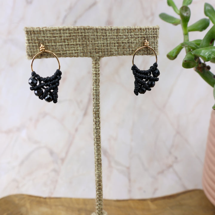 gold fill black spinel macrame earrings