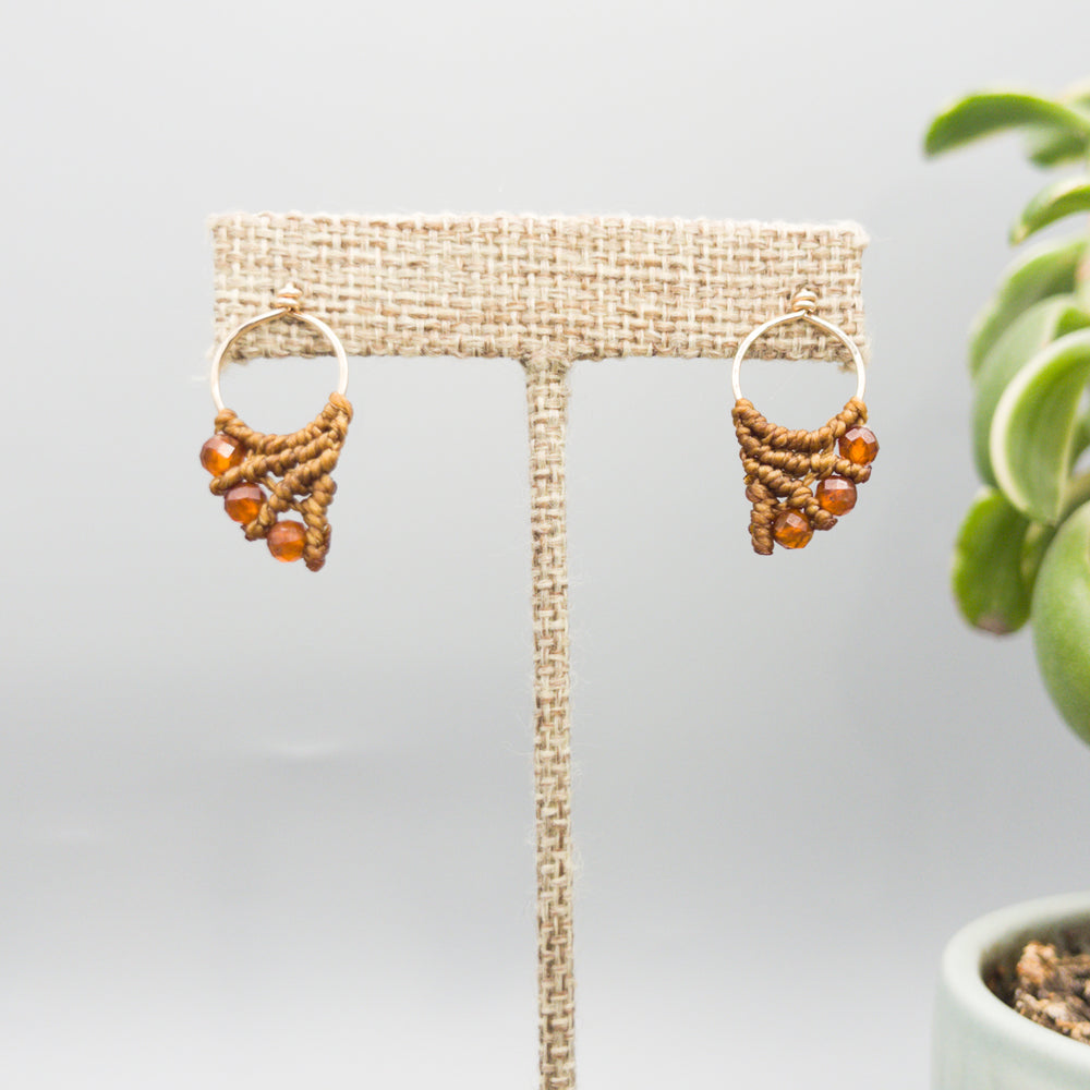 handmade macrame earrings gold fill and hessonite 