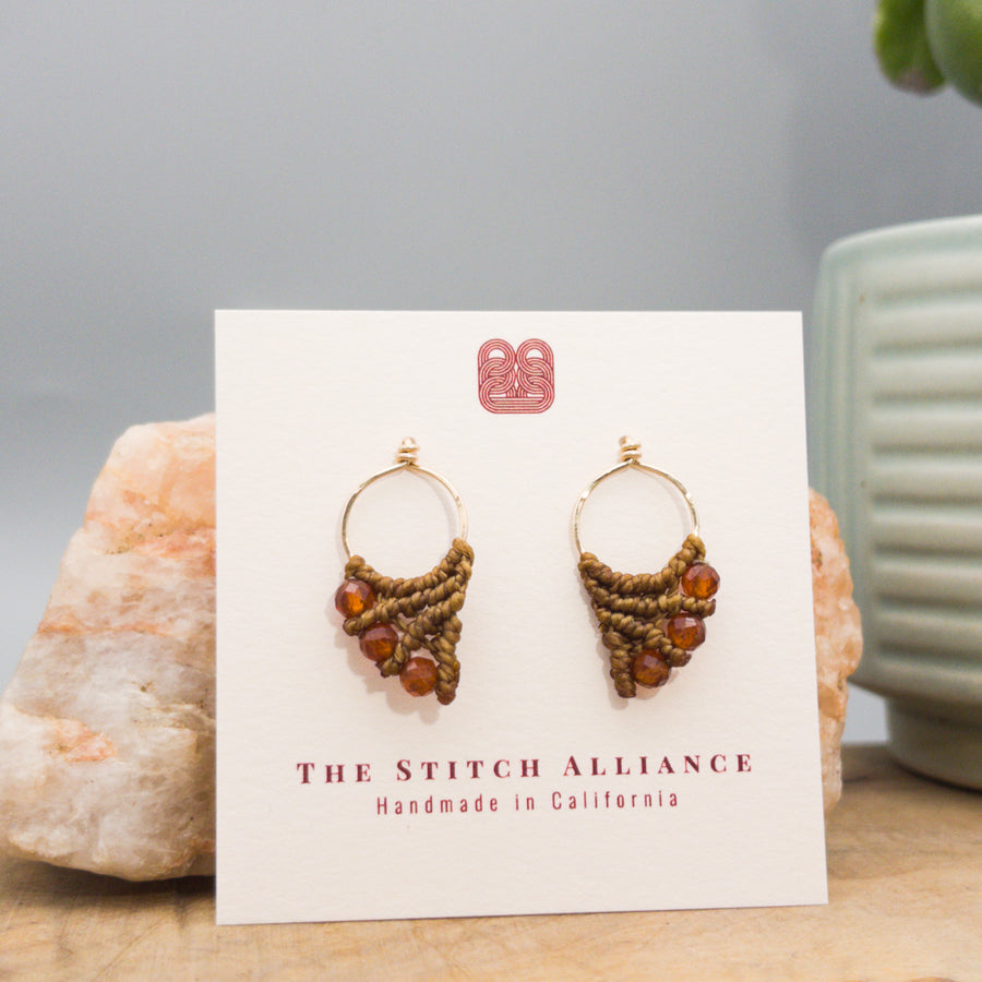 gold fill and hessonite macrame earrings