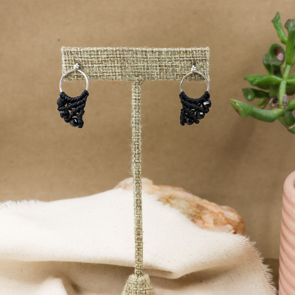 sterling silver macrame earrings with black spinel beads