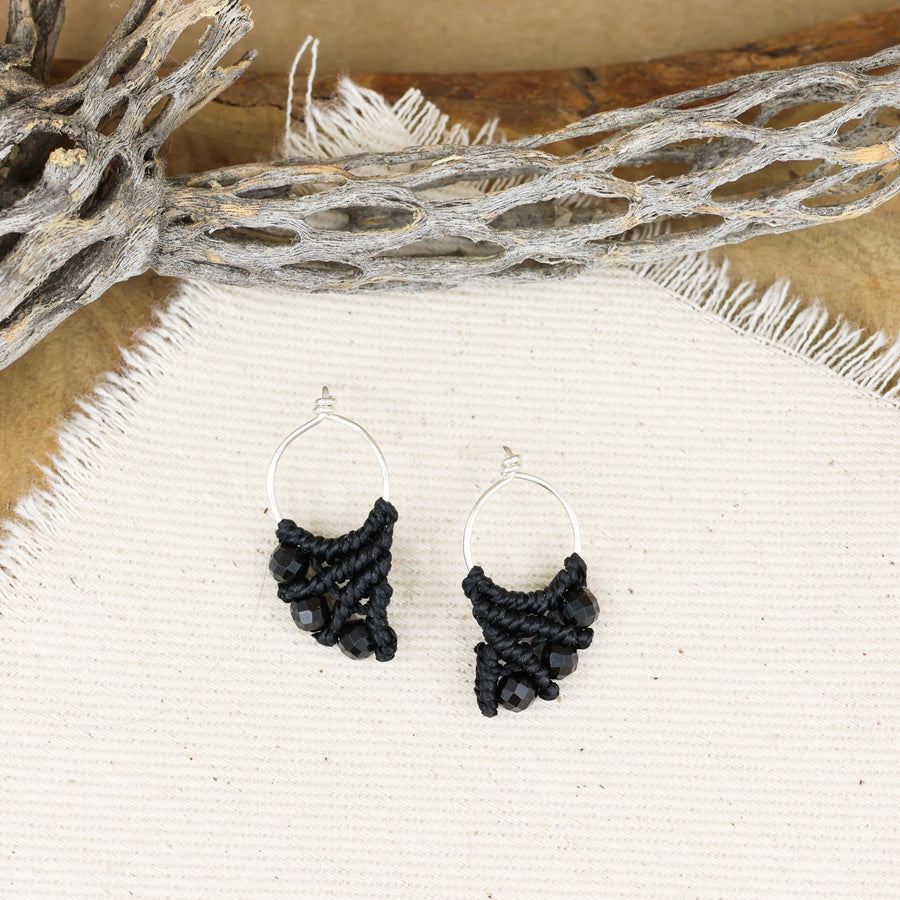 handmade sterling silver macrame earrings with black spinel beads