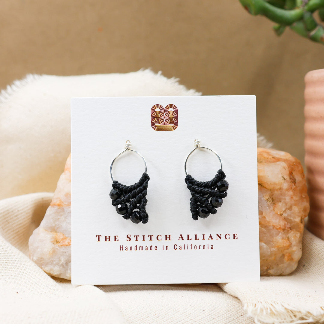 sterling silver macrame earrings with black spinel beads