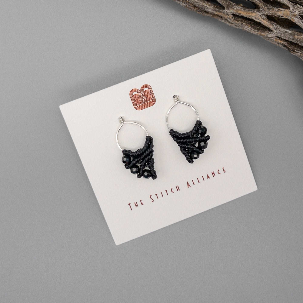 black micro macrame earrings with sterling silver and black spinel beads