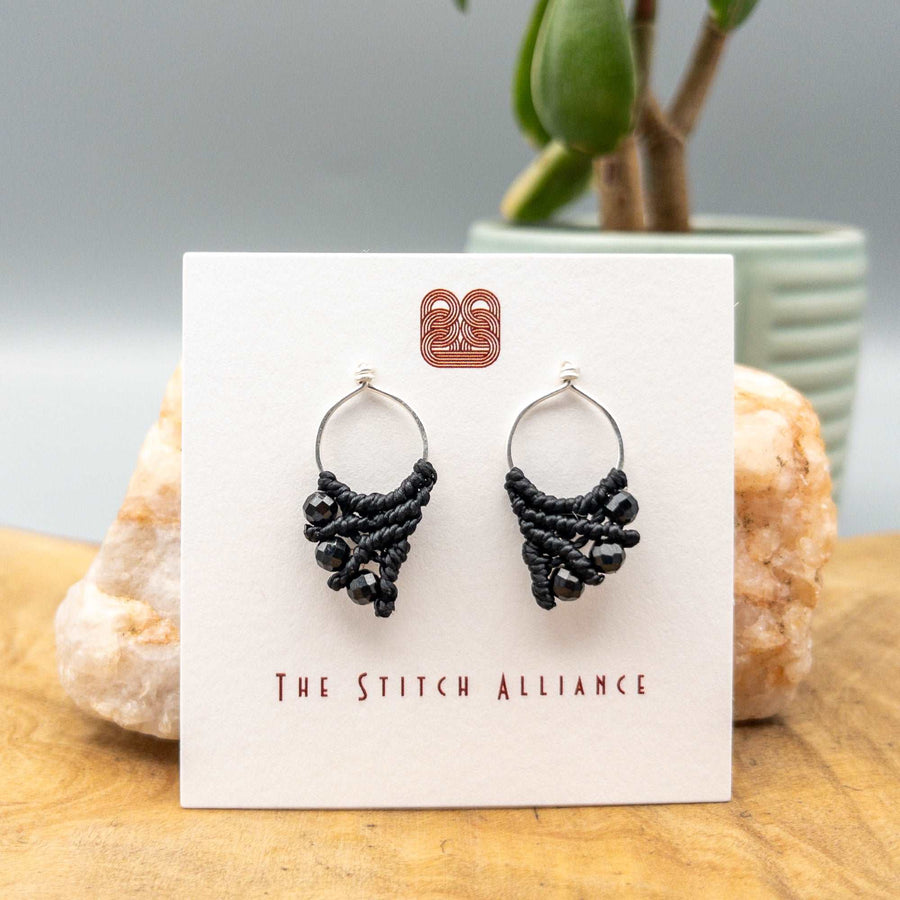 black micromacrame earrings with sterling silver and black spinel beads