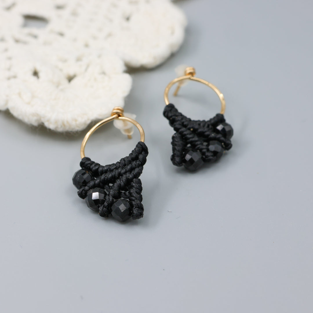 handmade gold fill macrame earrings with black spinel beads