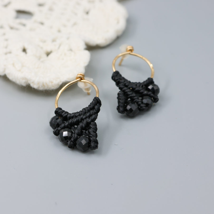 handmade gold fill macrame earrings with black spinel beads