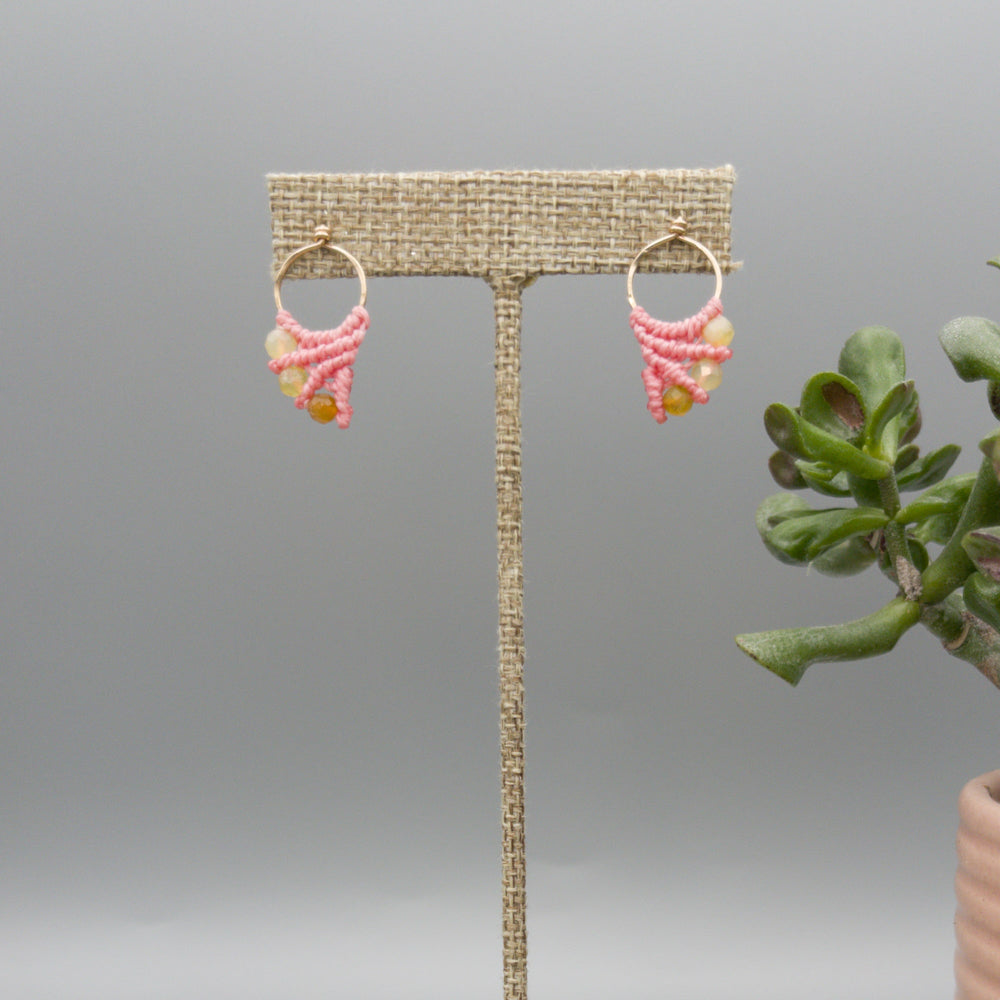 pink macrame earrings with yellow opal bead made with 14k gold fill