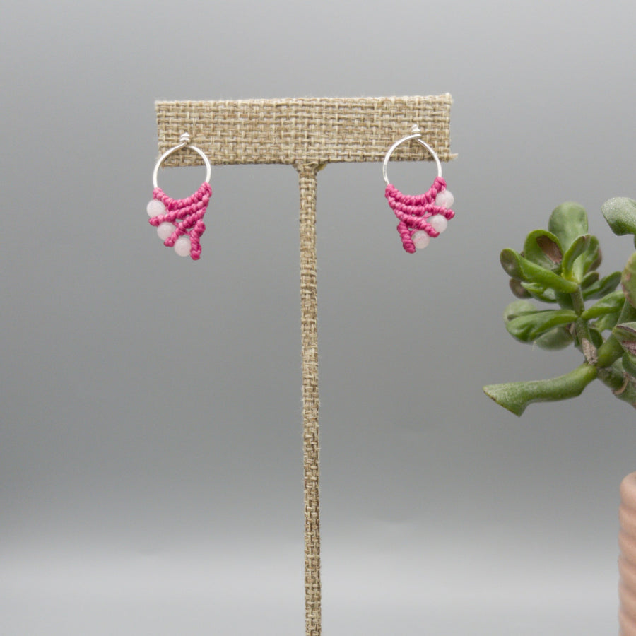 pink macrame and moonstone earrings sterling silver