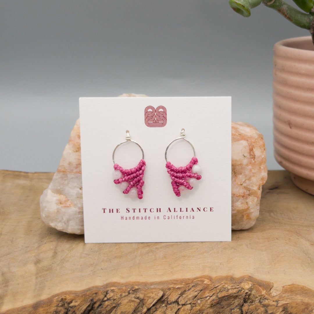 pink macrame and moonstone earrings sterling silver on a white card