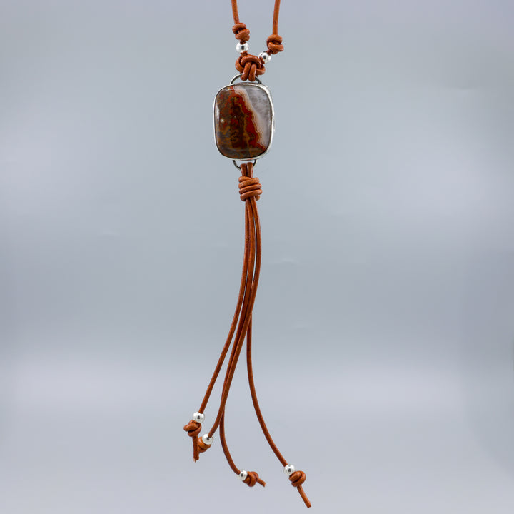 Mexican Agate Sterling Silver & Leather One of a Kind Bolo Style Necklace