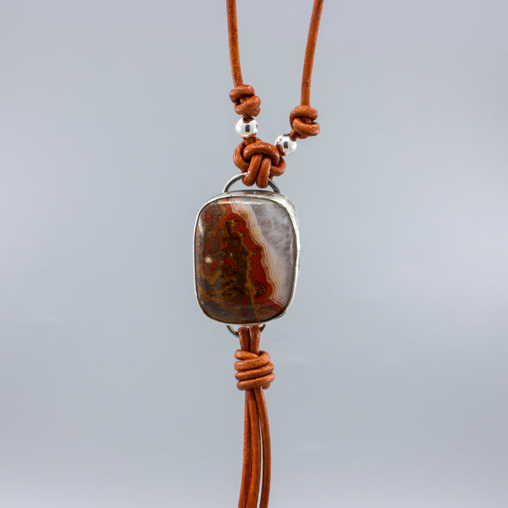 Mexican Agate Sterling Silver & Leather One of a Kind Bolo Style Necklace
