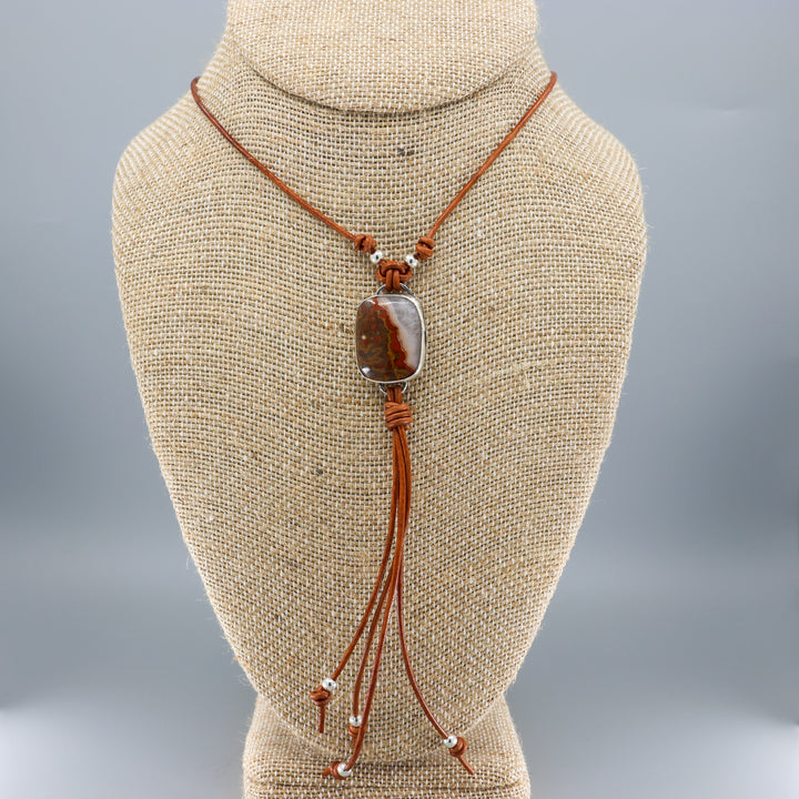 Mexican Agate Sterling Silver Bolo Style Necklace