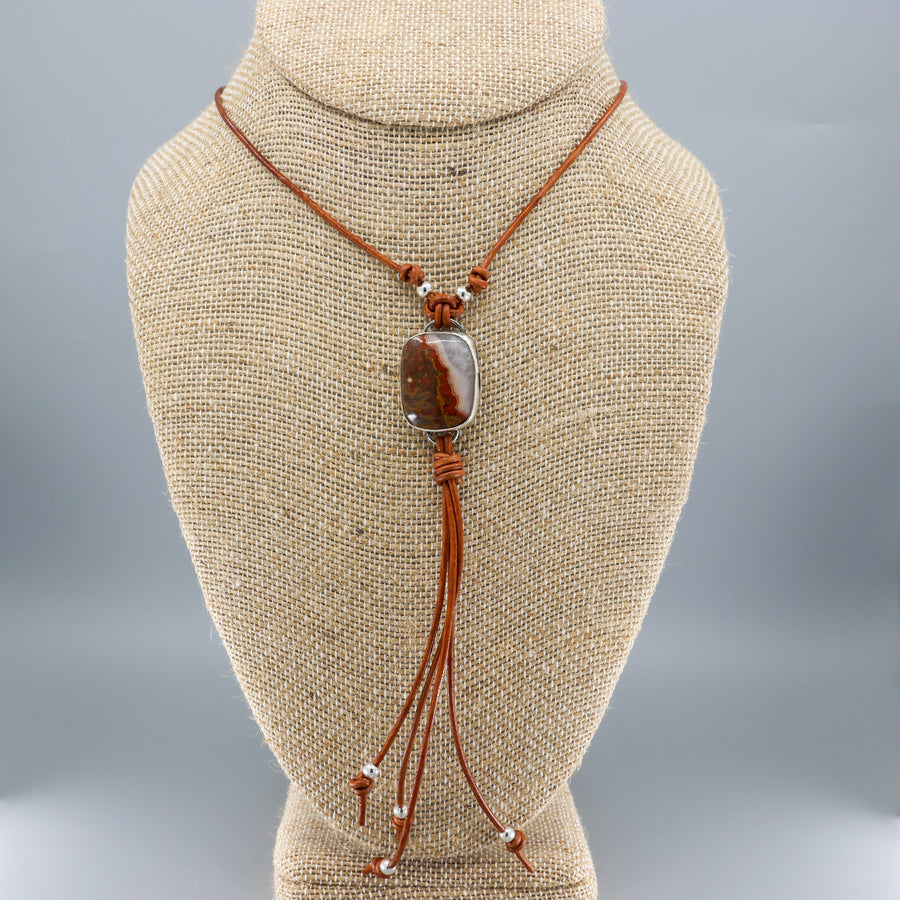 Mexican Agate Sterling Silver Bolo Style Necklace