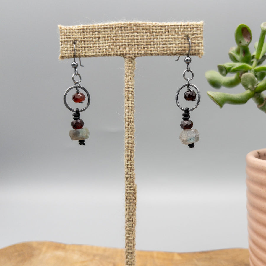 Garnet & Labradorite oxidized sterling silver dangle earrings
