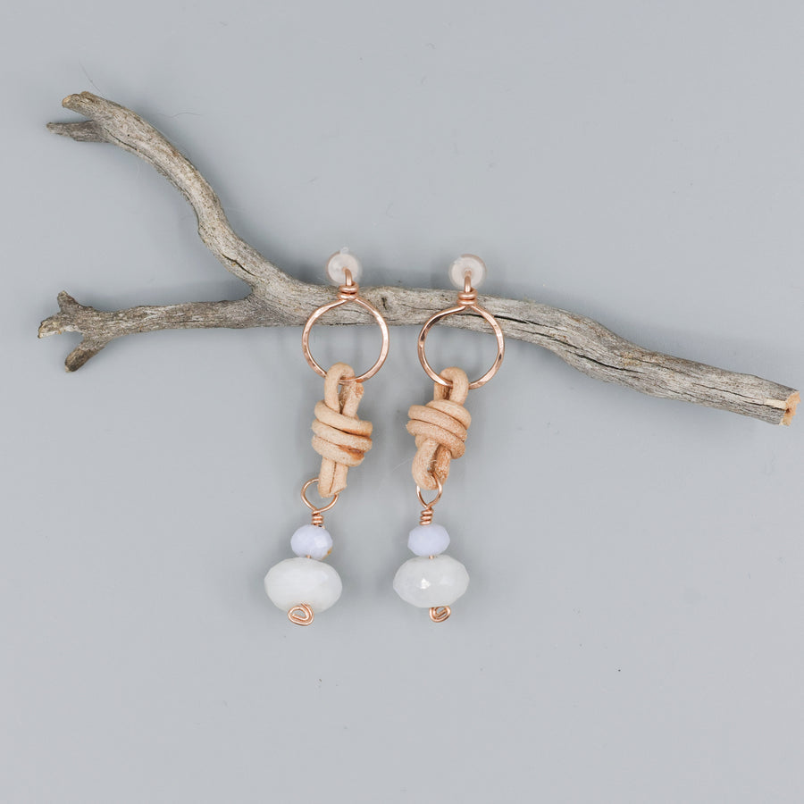 handmade rainbow moonstone, blue lace agate, rose gold earrings