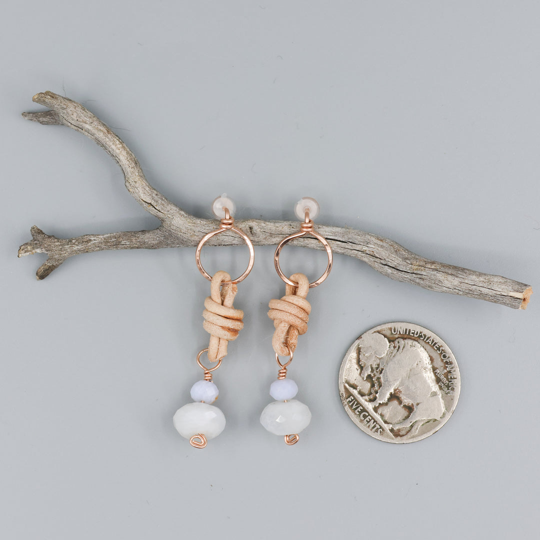 rainbow moonstone, blue lace agate, rose gold earrings with coin for size comparison