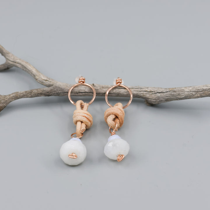 rainbow moonstone, blue lace agate, rose gold earrings detail