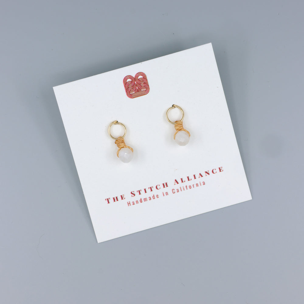 moonstone mini dangle earrings gold fill handmade on a white card