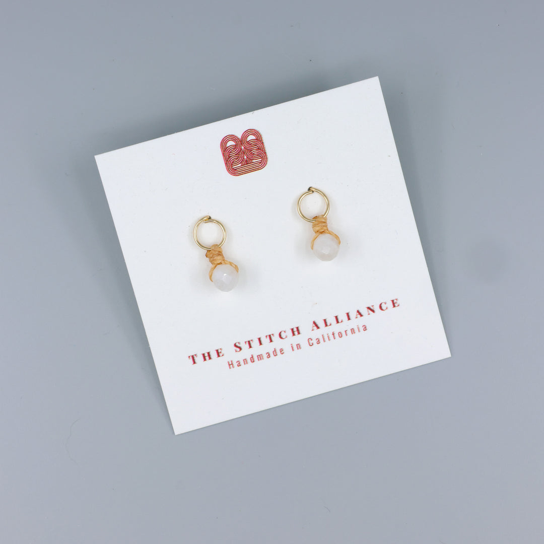 moonstone mini dangle earrings gold fill handmade on a white card