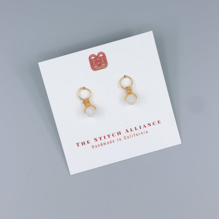 moonstone mini dangle earrings gold fill handmade on a white card