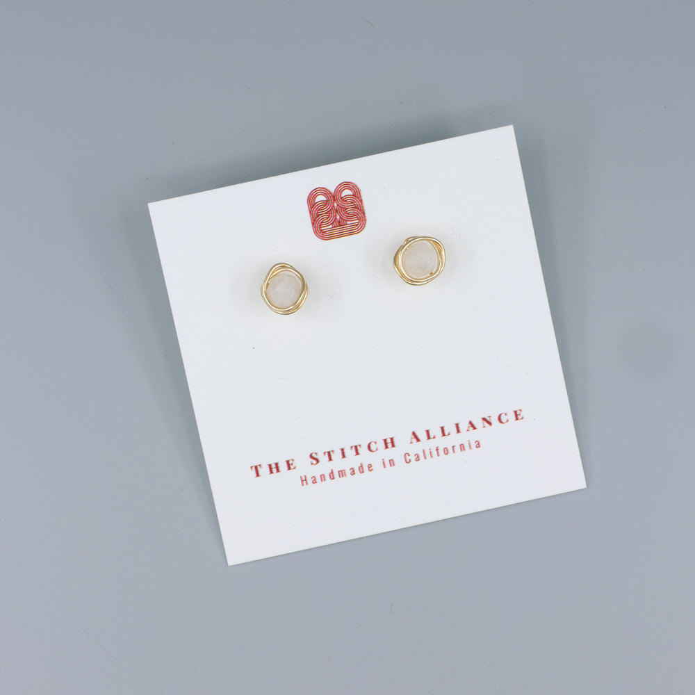 handmade moonstone stud earrings gold fill on a white card