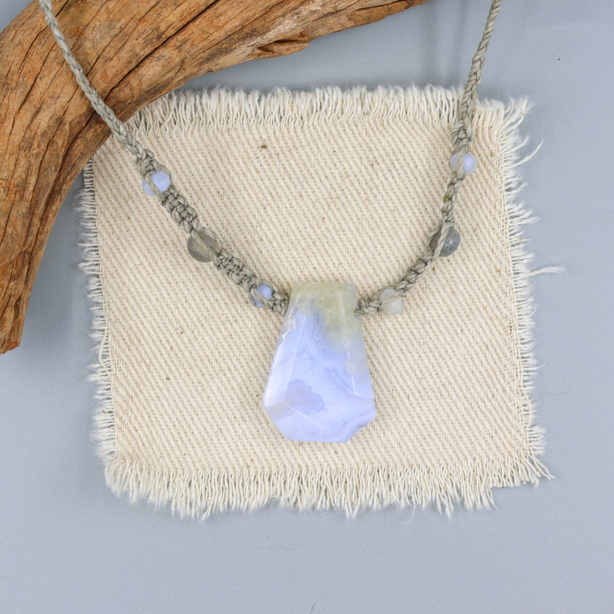handmade blue lace agate macrame necklace