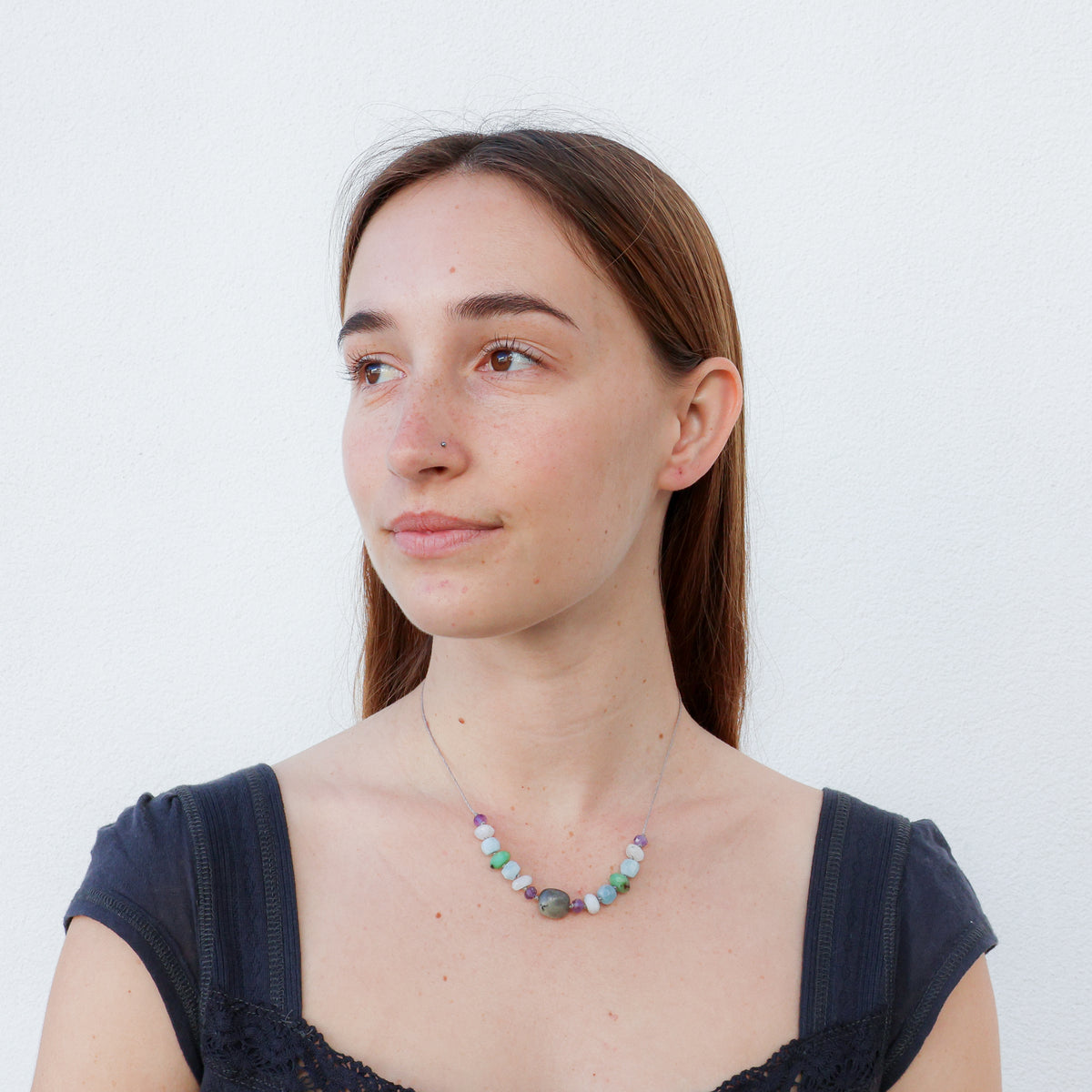 handknotted labradorite, aquamarine, amethyst, and chrysoprase necklace