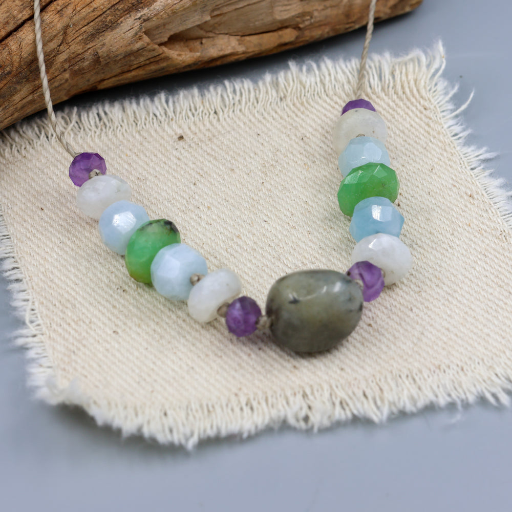labradorite, amethyst, moonstone, aquamarine, and chrysoprase hand-knotted necklace