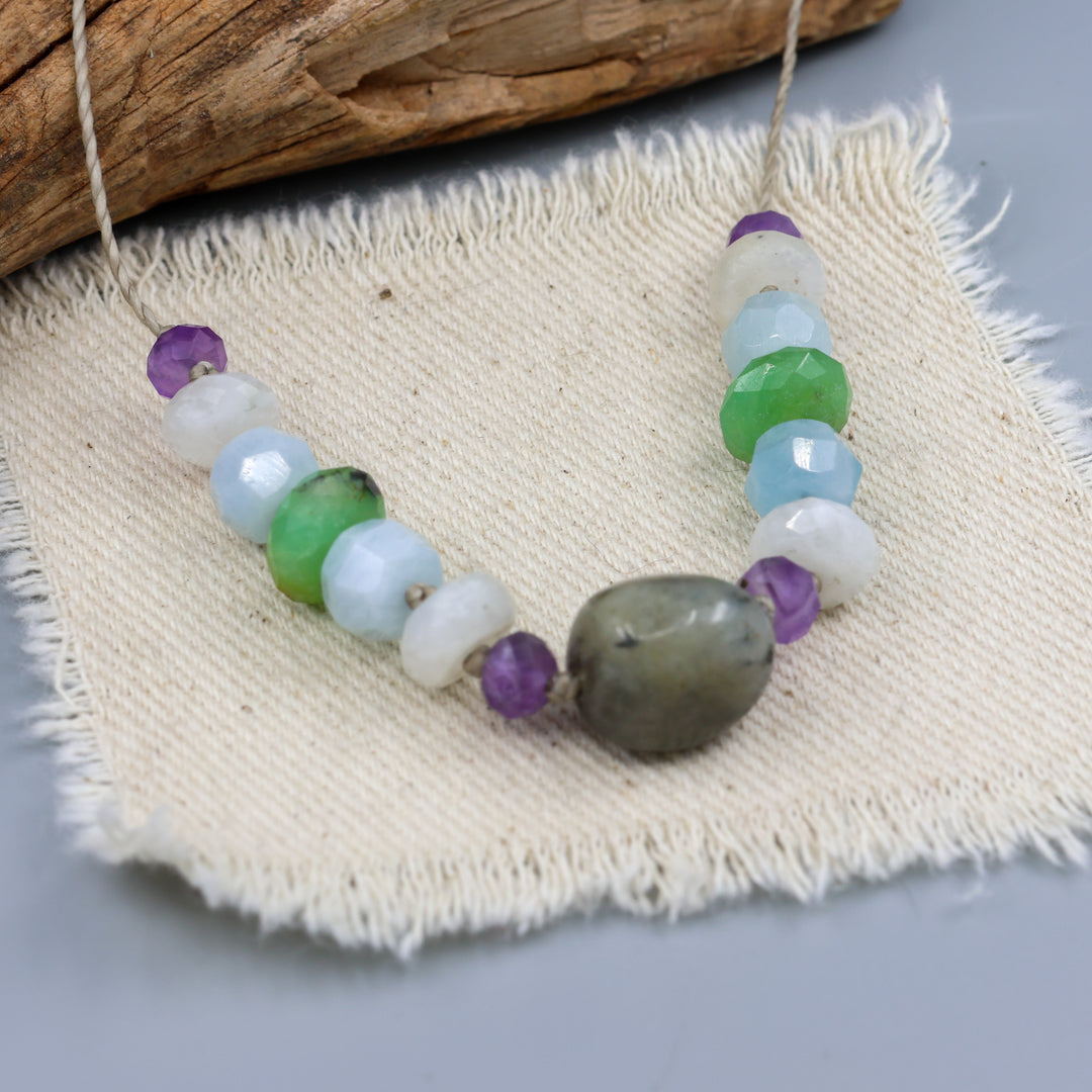 labradorite, amethyst, moonstone, aquamarine, and chrysoprase hand-knotted necklace