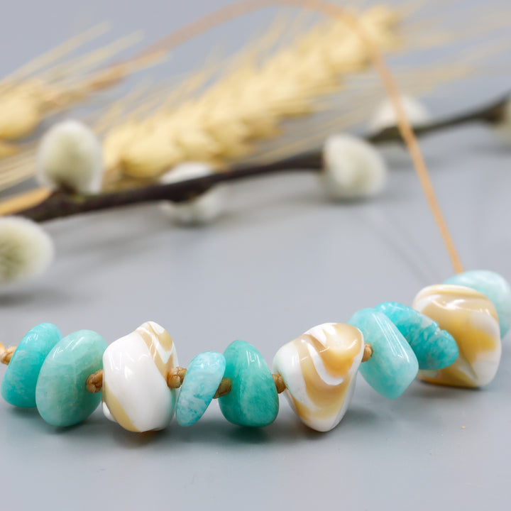 handknotted mother of pearl and amazonite beach inspired necklace with a gold clasp
