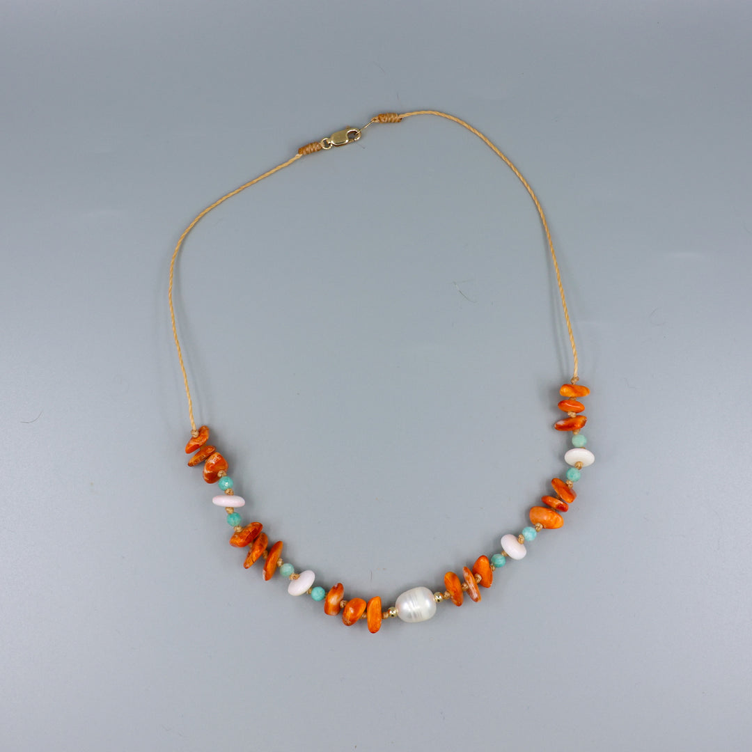 Pearl, Spiny Oyster, Amaznonite Cord Necklace