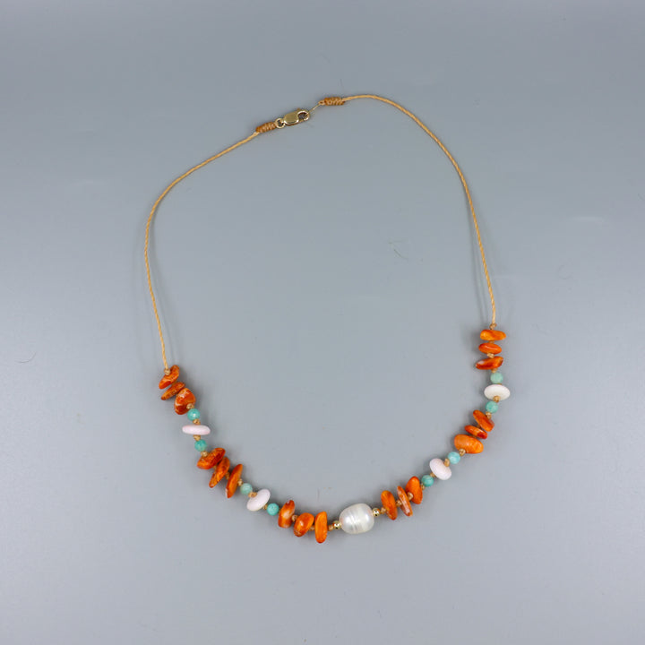Pearl, Spiny Oyster, Amaznonite Cord Necklace