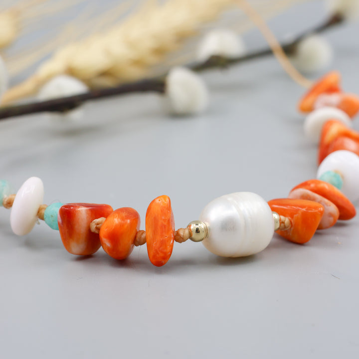 pearl, spiny oyster, amazonite, queen conch necklace