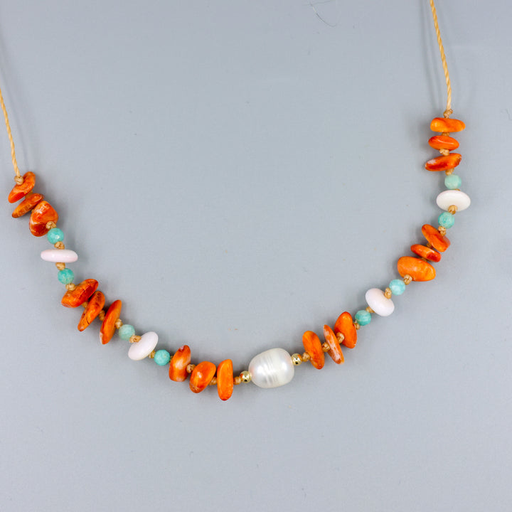 handmade pearl, spiny oyster, amazonite, queen conch necklace
