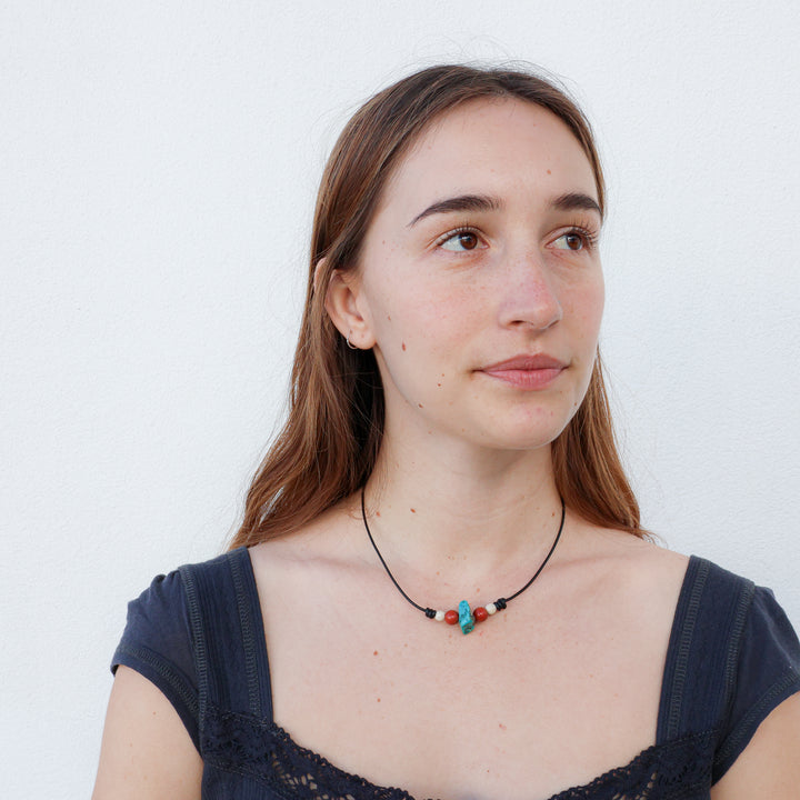 turquoise, jasper, and river stone leather necklace