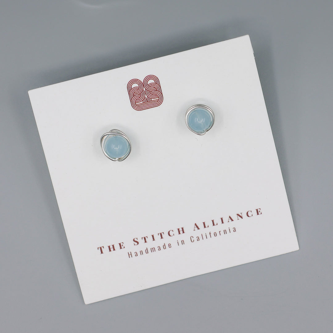 handmade aquamarine sterling silver stud earrings on white card