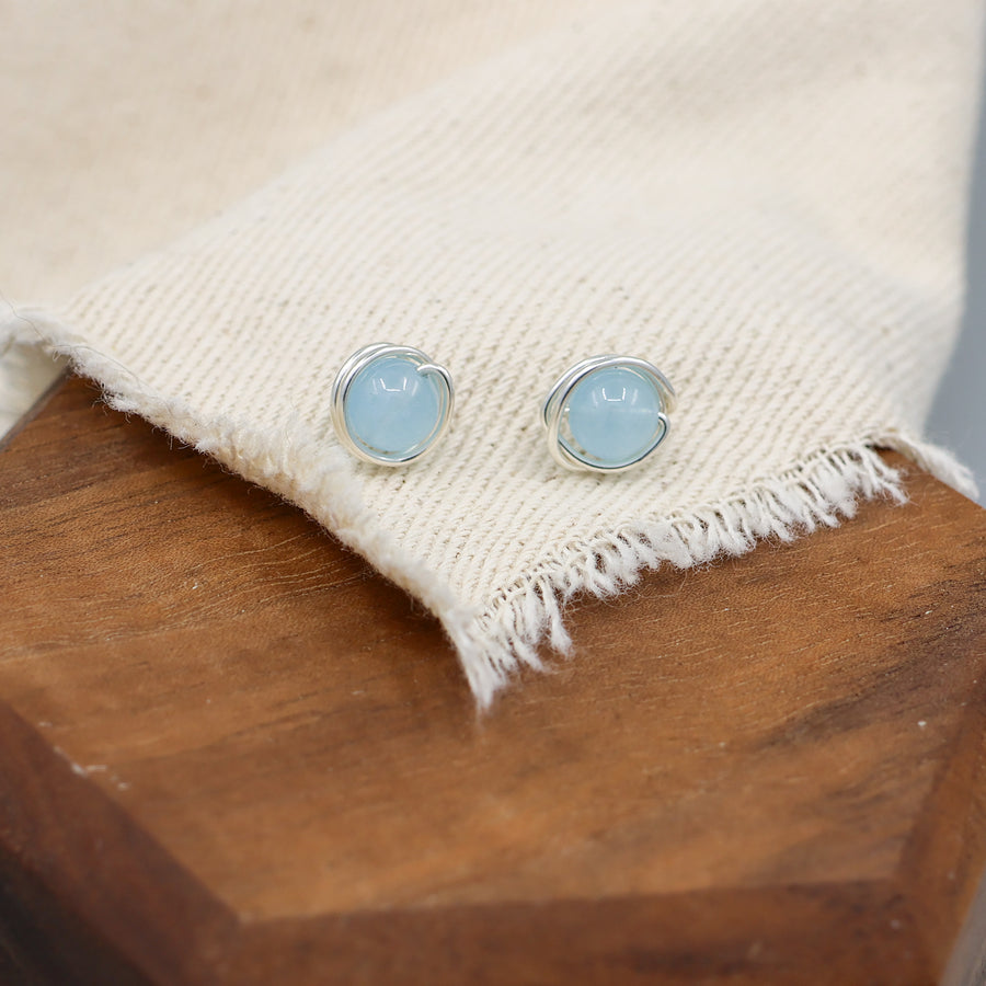 handmade wire wrapped aquamarine sterling silver stud earrings 