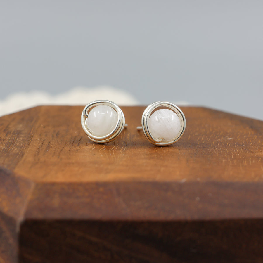 handmade moonstone and sterling silver wire wrapped stud earrings