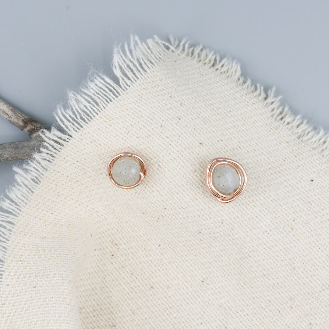 handmade rose gold and labradorite wire wrapped stud earrings