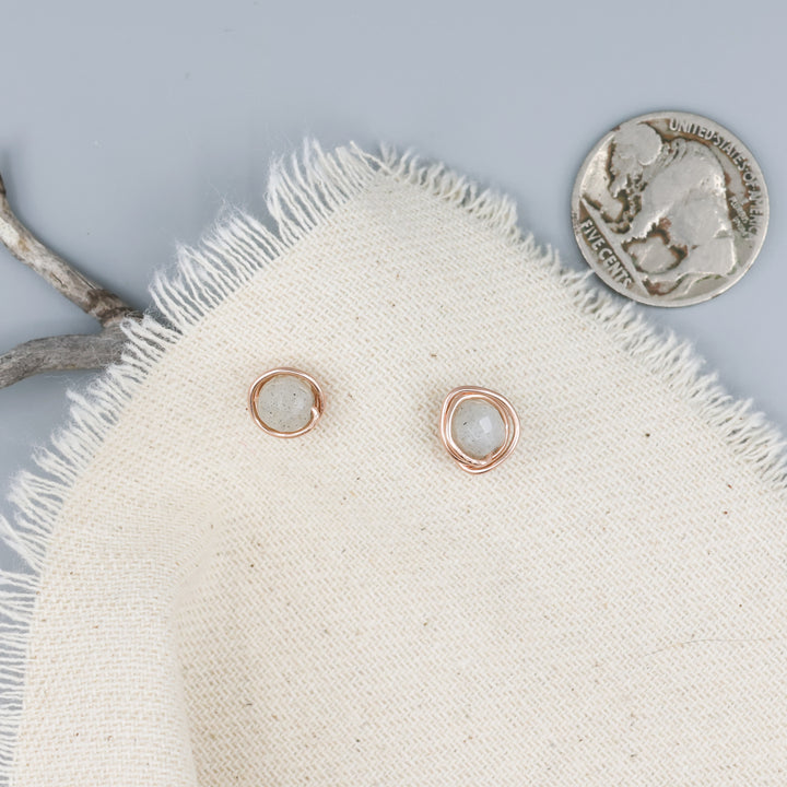 rose gold and labradorite wire wrapped stud earrings with coin for comparison