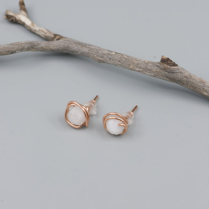 handmade wire wrap rose gold and rainbow moonstone stud earrings