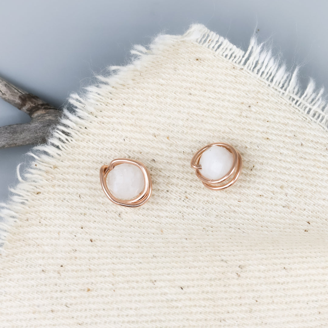 wire wrap rose gold and rainbow moonstone stud earrings