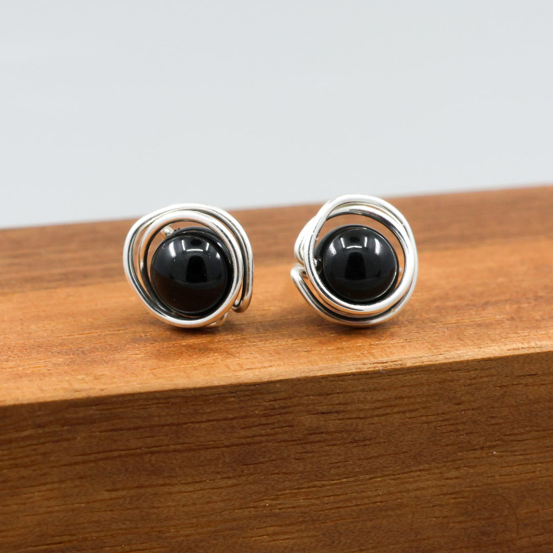handmade sterling silver and black spinel stud earrings detail view