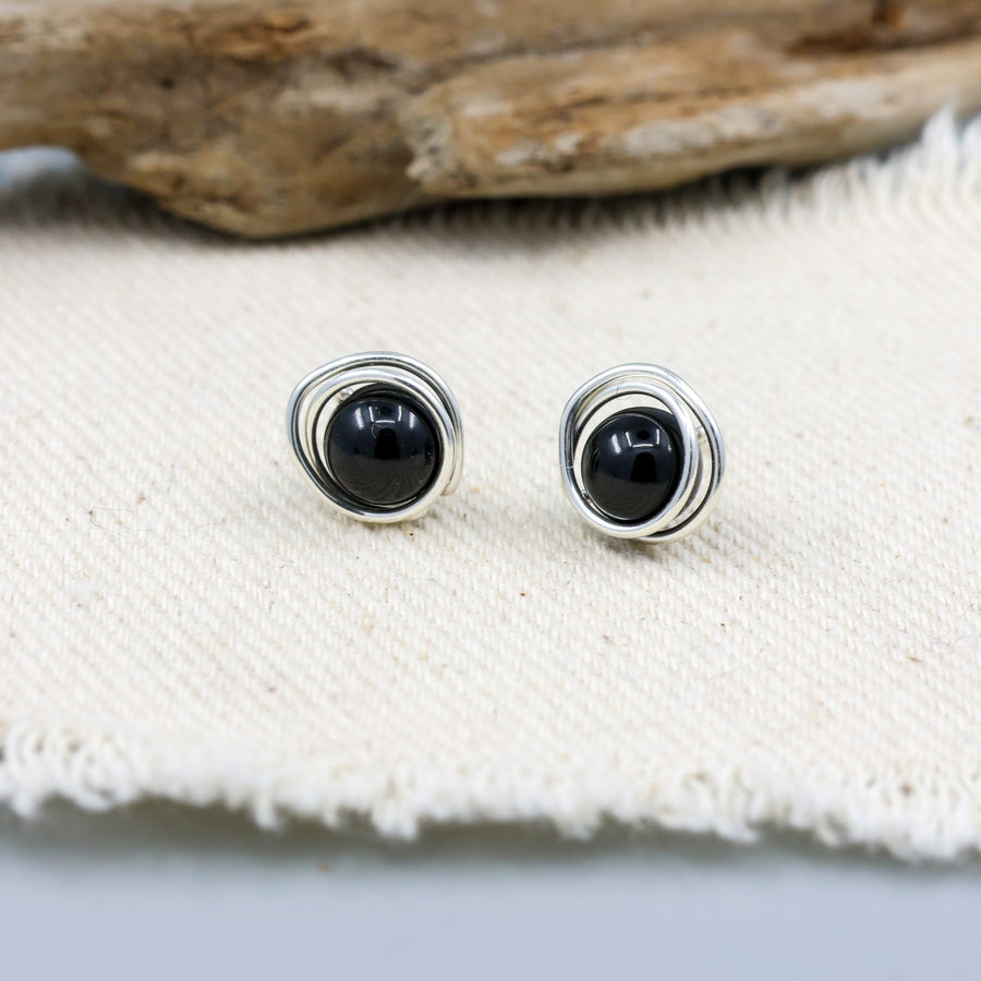 handmade sterling silver and black spinel stud earrings