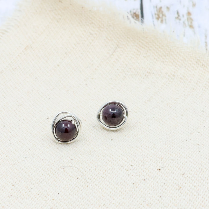 handmade wire wrap sterling silver garnet stud earrings