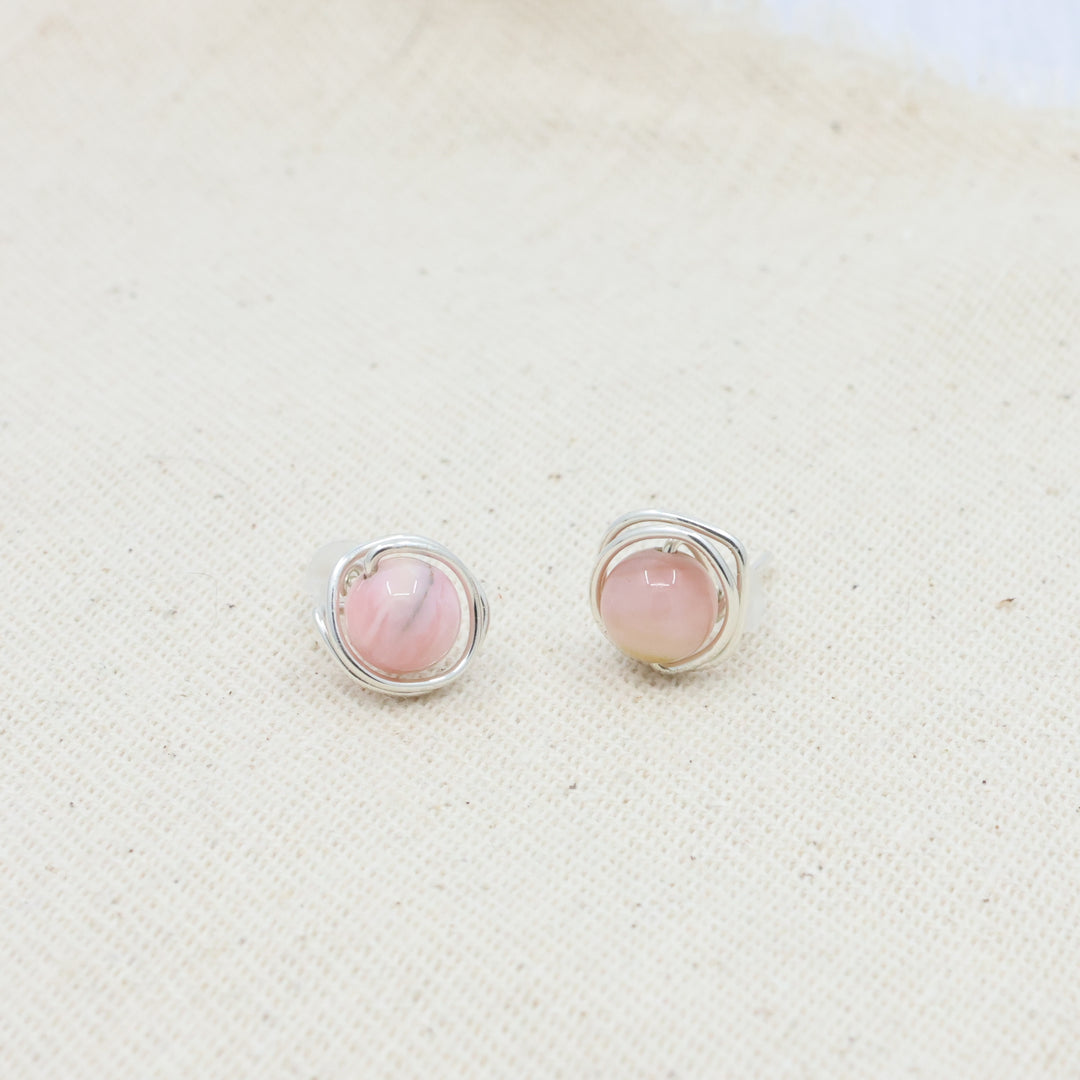 handmade sterling silver pink opal wire wrap stud earrings