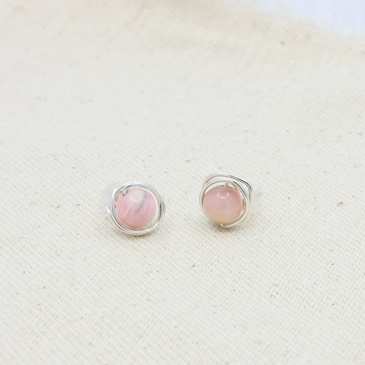 handmade sterling silver pink opal wire wrap stud earrings