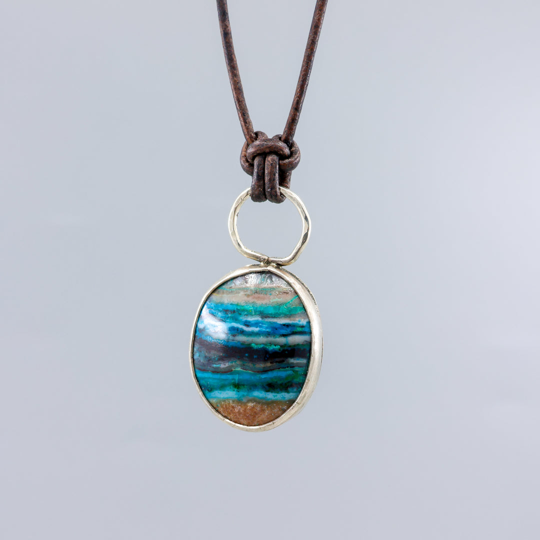 close up of handmade ocean jasper and sterling silver necklace