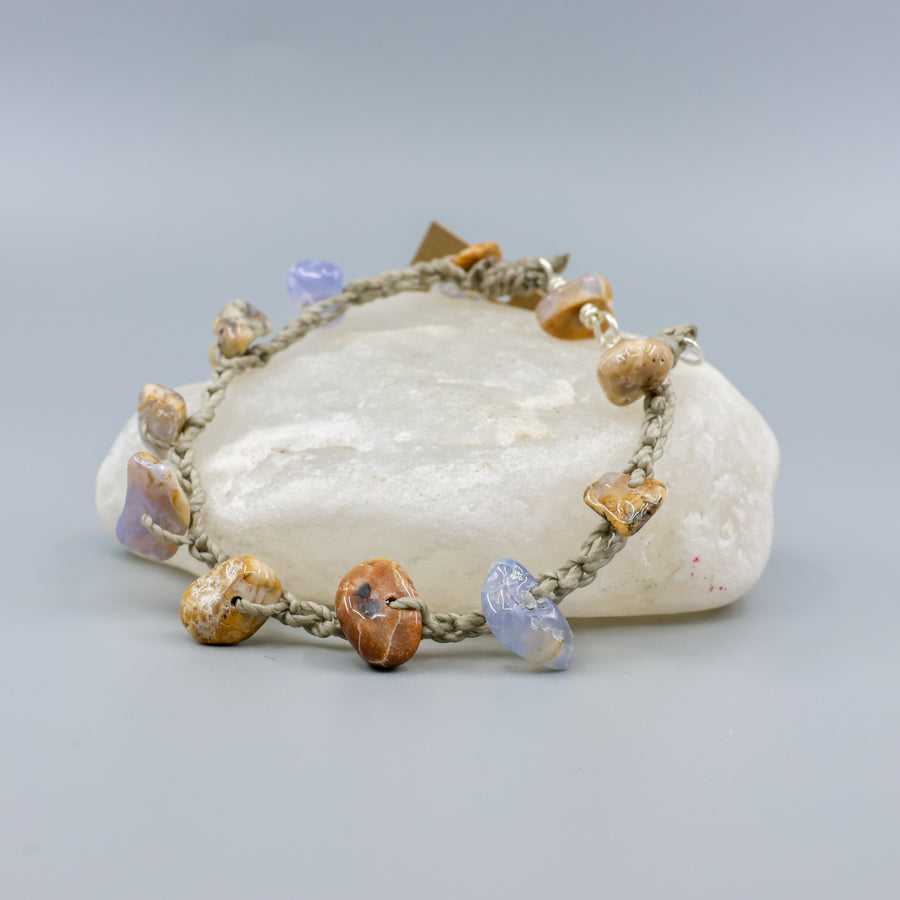 blue opal beads and crochet bracelet with sterling silver clasp