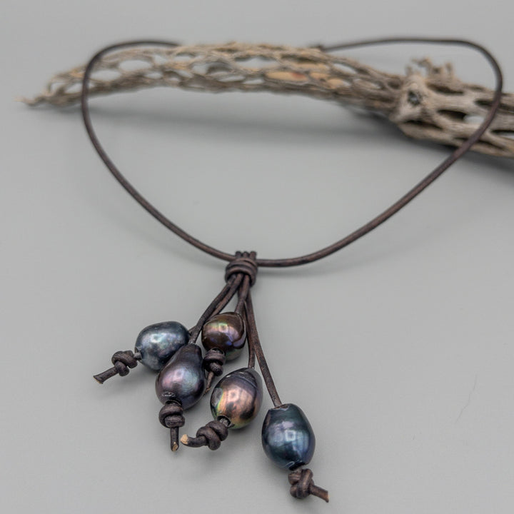 leather and freshwater pearl necklace with peacock pearls and sterling silver clasp
